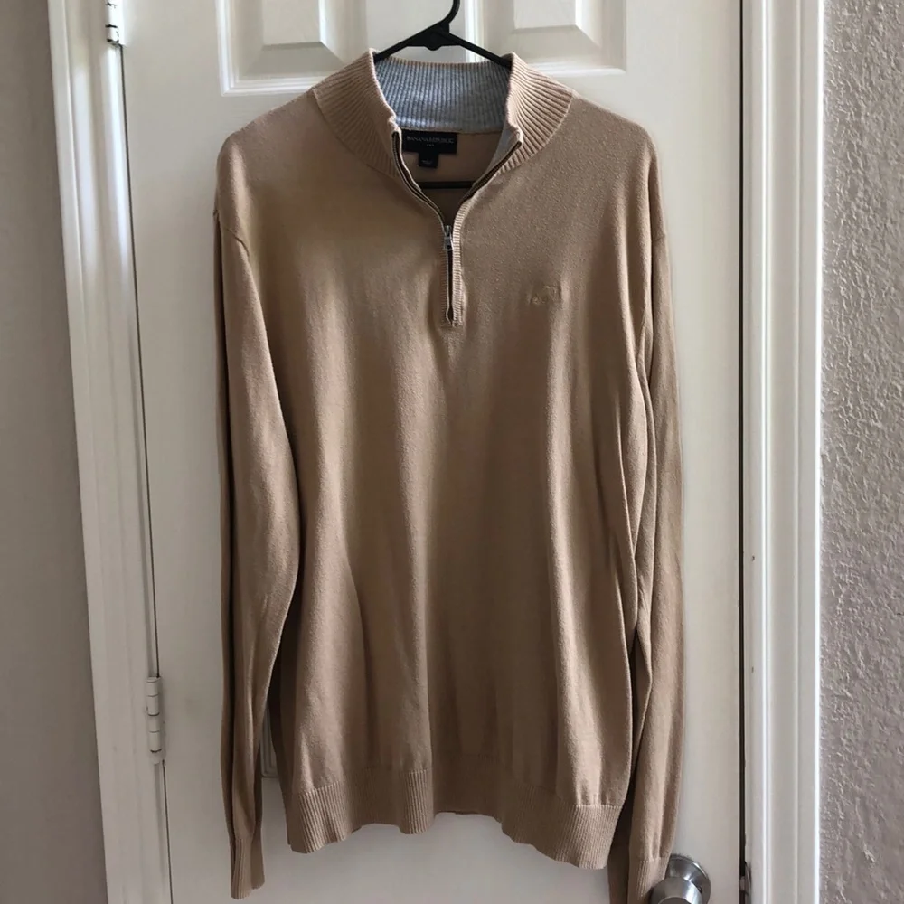 Banana Republic 1/4 Zip Men's Sweater Tan Beige Pullover Cotton Mock Neck SIze L